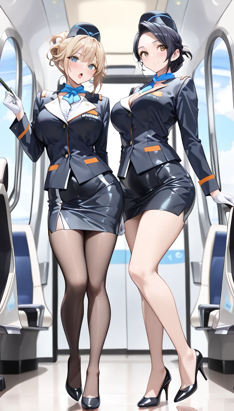 (8K ,Hyper-detailing,Ultra photo realsisim,Best Masterpiece,naturey,Perfect artwork,Perfect female body),Two cute busty girls ,(large tities),Flight attendants on board,Stylish hairstyle,Elegant and sexy flight attendant,in an airplane,Put on a sexy vacuuming stewardess uniform,Built-in thong panties,Large cleavage,,Stretch meat,Raised sexy,The kinky is exposed ,tit,full body shot of
