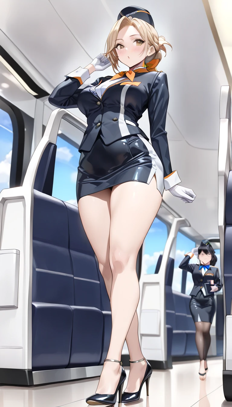 A tall, beautiful flight attendant with long legs and huge breasts squats on an airplane, her legs spread wide. Seen from below.