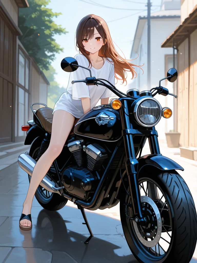 masterpiece, highest quality, One girl, (cigarette:1.0), Riding on motorcycle, View your viewers, ,Side view、
Tilt the bike to the side、Applying the brakes,Put one foot out、Dust rises after braking、
 
