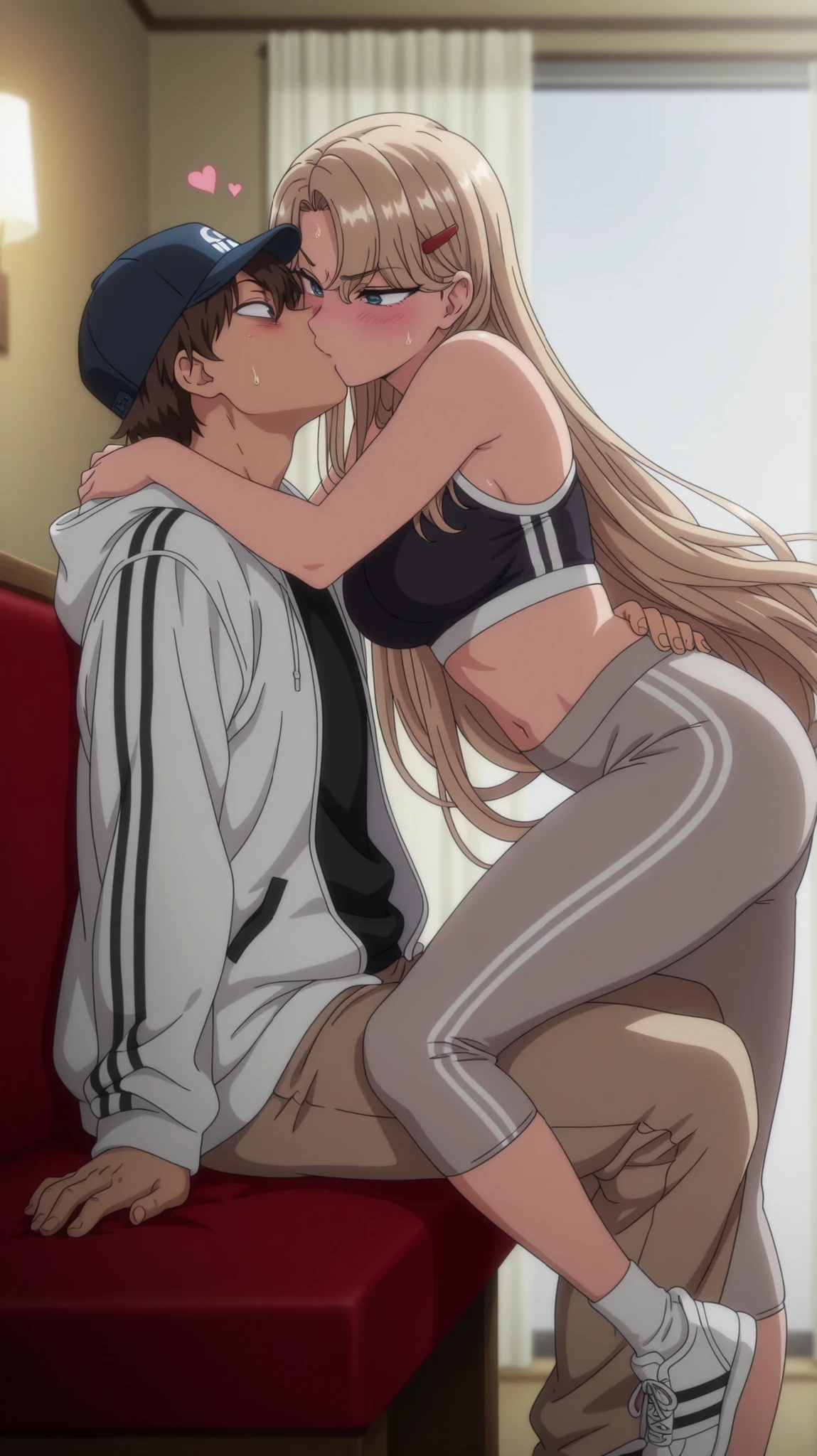 1 girl and 1 boy, brunette, brown-eyed boy, brown hair, boy above, sitting at a table at a luxurious party, well lit.*, amazing quality, blonde hair, blue-eyed girl, masterpiece, best quality, best illustration, anime coloring, anime screenshot, best shading, very aesthetic, realistic wind, anime screenshot, looking at the boy, big breasts, blushing, masterpiece, wind, high quality, dynamic lighting, hair ornament, parted bangs, tassel, very long hair, side strands, hair clip, sports bra, gray leggings, navel, white Adidas jacket, white socks, sneaker, open clothes, cape, baseball cap, Curved Body, throw, shy eyes, arms resting on the boy, the boy's hand on his hip, sitting on the boy's lap, leaning over the boy, hearts coming out, kissing