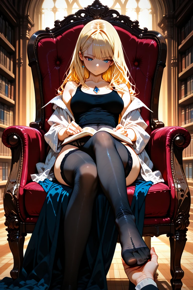 ((highest quality)), ((masterpiece)), (detailed), Perfect Face, perfect detailed eyes, perfect detailed face, ultra-detailed nose, Blonde Hair, Messy Hair, Hair above the eyes, Medium Hair, Pale skin, Forehead mark, Cinema Lighting, Chiaroscuro, mini skirt,Reading a book,whole body,Attractive legs