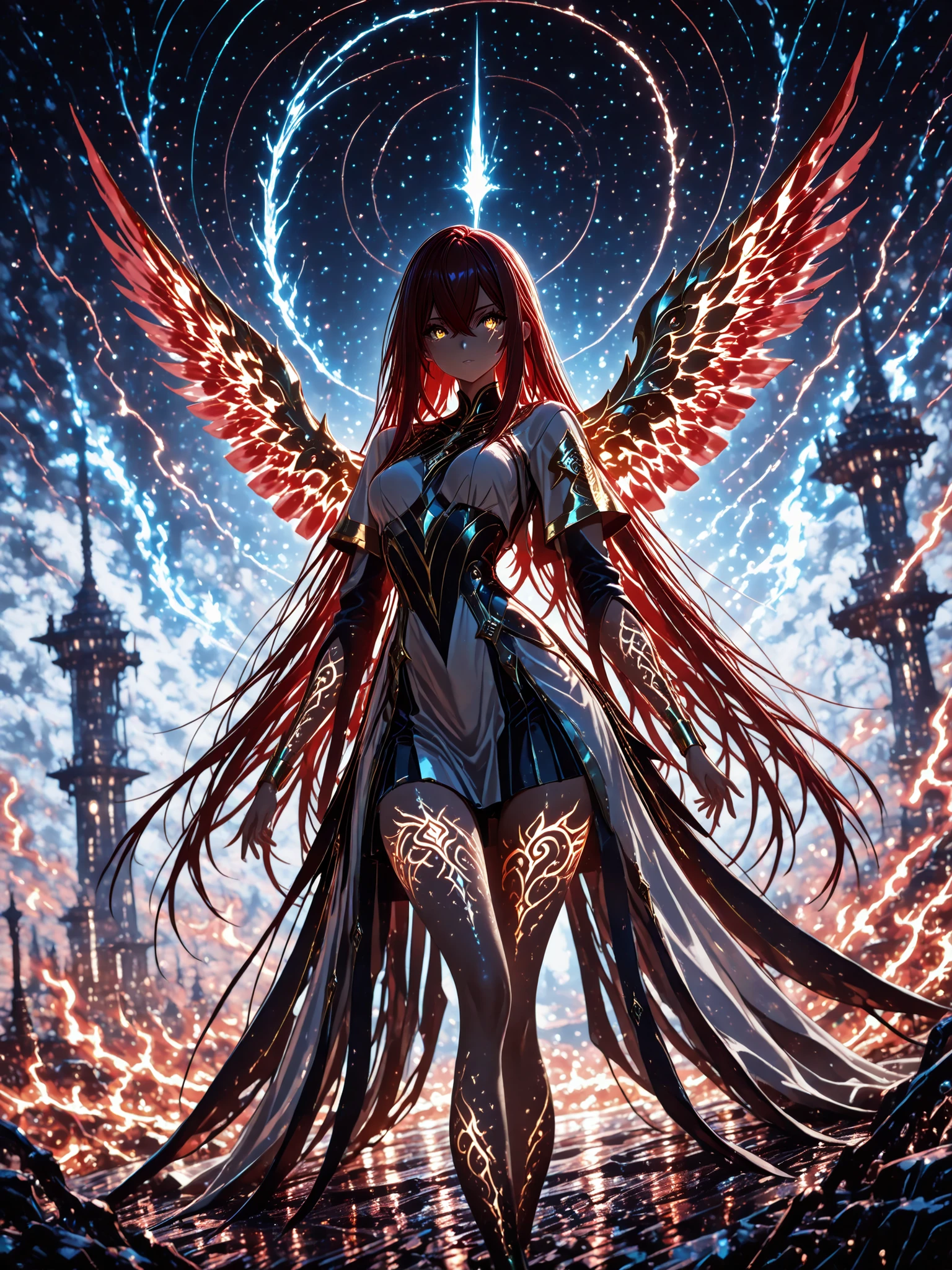 masterpiece, best quality, 4k, 1 girl , golden eyes , very long hair , long sidelocks, red hair , petite , very cute , beautiful ,Straight hair, cool, handsome, hair between eyes, medium breast,
Goddess, gradient hair, curly hair, red and white hair, wearing feathered skirt, red and gold fantasy clothes, translucent wings, burning wings, semi_realistic, beautiful woman, detailed, valorant style, concept art, game art, flat art, semi realistic paint, vibrant colors, digital paint, detailed clothes, cinematic lighting, dynamic pose, dynamic angle, dynamic lines, Glowing Tattoo, fire element, composed of fire elements, Best effect, Dream Scenery, Burning Landscape, Beautiful fire, burning mountains, perfect hands, perfect eyes, perfect feet, gold armbands,