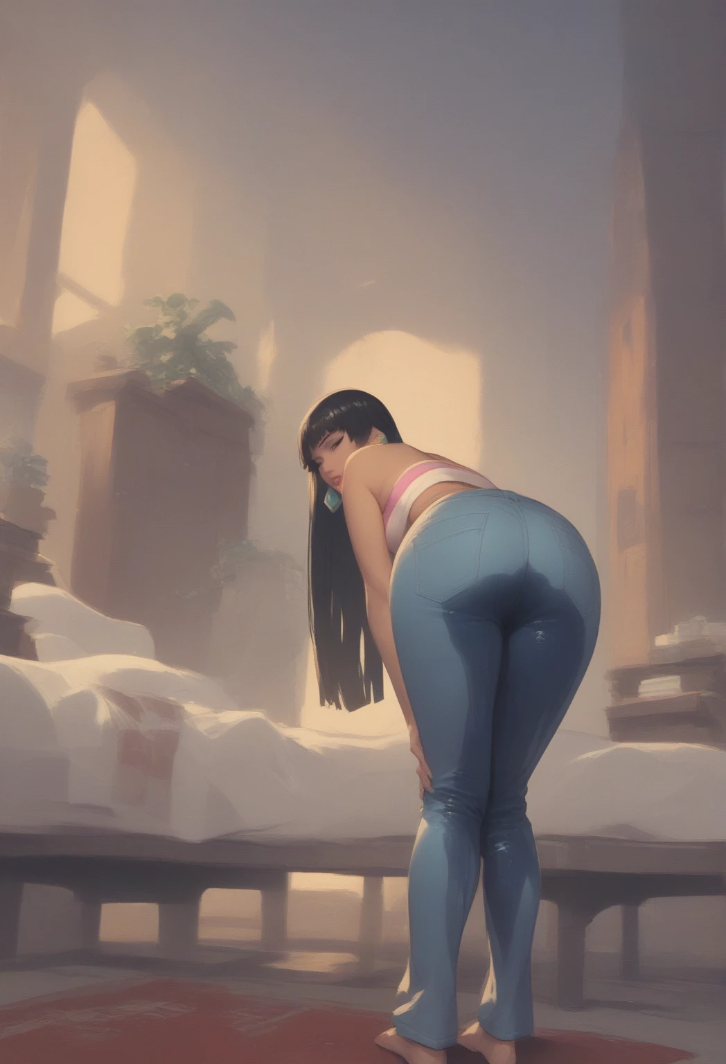 ((masterpiece, best quality)), Curvy Latina in black band logo shirt and pink cotton panties, in apartment overlooking the city, comic book art style, intricate details , pixel art, pixel,