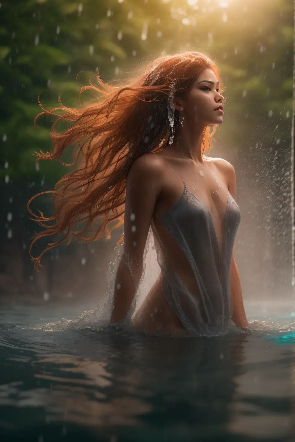 A naked playing and jumping Amazon, professional photography, natural lighting, volumetric lighting maximalist photo illustration 8k resolution concept art intricately detailed, complex, elegant, expansive, fantastical, realistic beauty, long red hair, unique eyes, natural beauty, forest, feminine, rain, river bank, sultry beauty, professional portrait, abstract beauty. super detailed photography, Play of light in the sun rain, downpour, ((a drop of water falling from a height onto the surface of the water)), splashes, luminism, intricate, 4k concept art volumetric light, unrealistic engine, global illumination, detailed environment