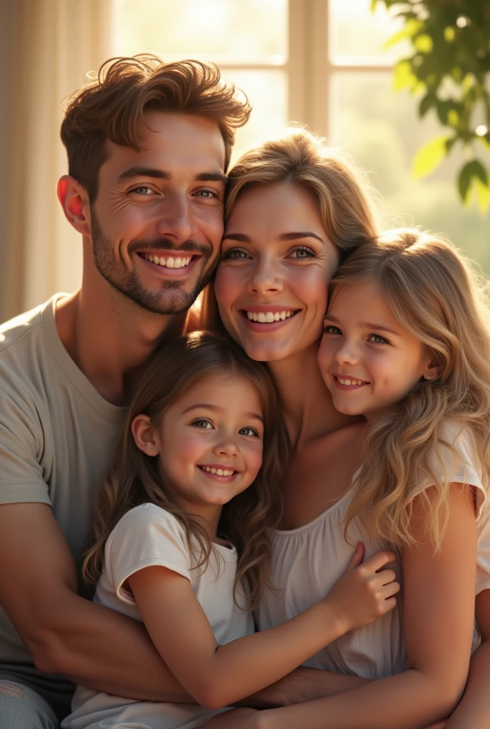 blonde child 8 year blue eyes hugging her father dark brown hair and brown eyes and her mother blonde green eyes long hair in london 8k ultra realistic photorealistic