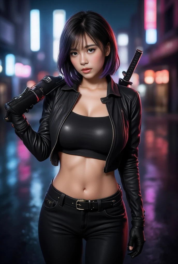 best quality, 1 Girl, dark blue hair, black eyes, Very short hair, Spiky hair, purple Crop Top Drape, purple jacket, high waist short,Wearing long black boots、171 cm, Messy hair, Hair between the eyes, Medium breasts, full, Tomboy, aldult, 20 years old, 1 Girl near purple motorcycle
