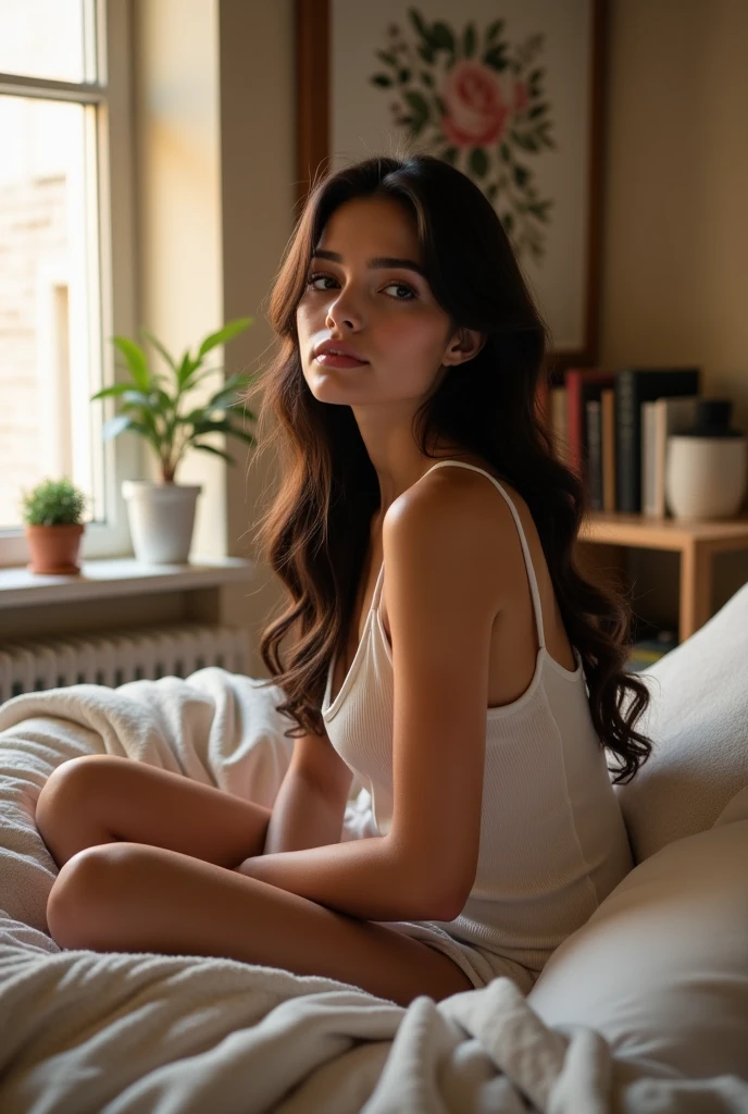 Brunette instagram influencer, in a White cotton undershirt with cotton briefs, laying on the couch, legs spread apart, posing for a photo, watching TV, well lit, relaxed, olive wall, laying back, stretched out
