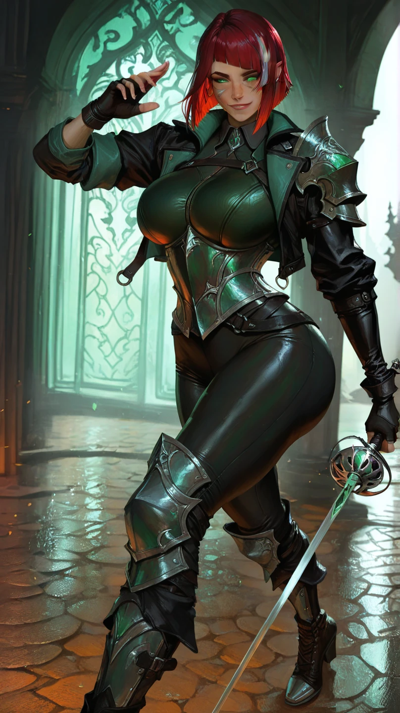 a goth mage , pretty face, serious face, short hair, green eyes, perfect body, fit body, abdomen, big breasts, muscular, small black thong, fishnets stockings, extra small bikini, full body, combat boots