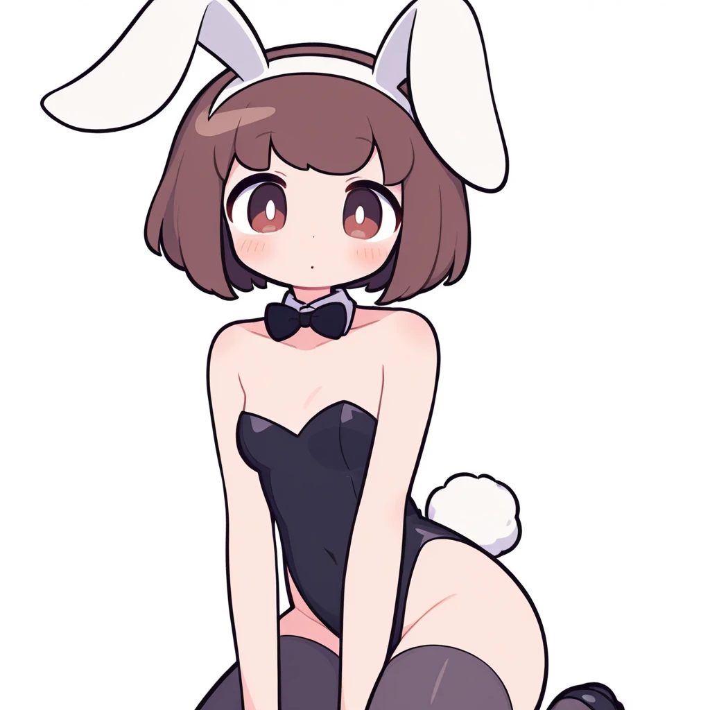 grace_(pokemon), woman, cowboy shot, (1girl, solo:1.2), large breastding, simple background, bunny girl, black leotard, white collar, red bowtie, white wrist cuffs, bunny ears, SFW, exposed midriff, waist ribbon, smile, eye wrinkle, cameltoe