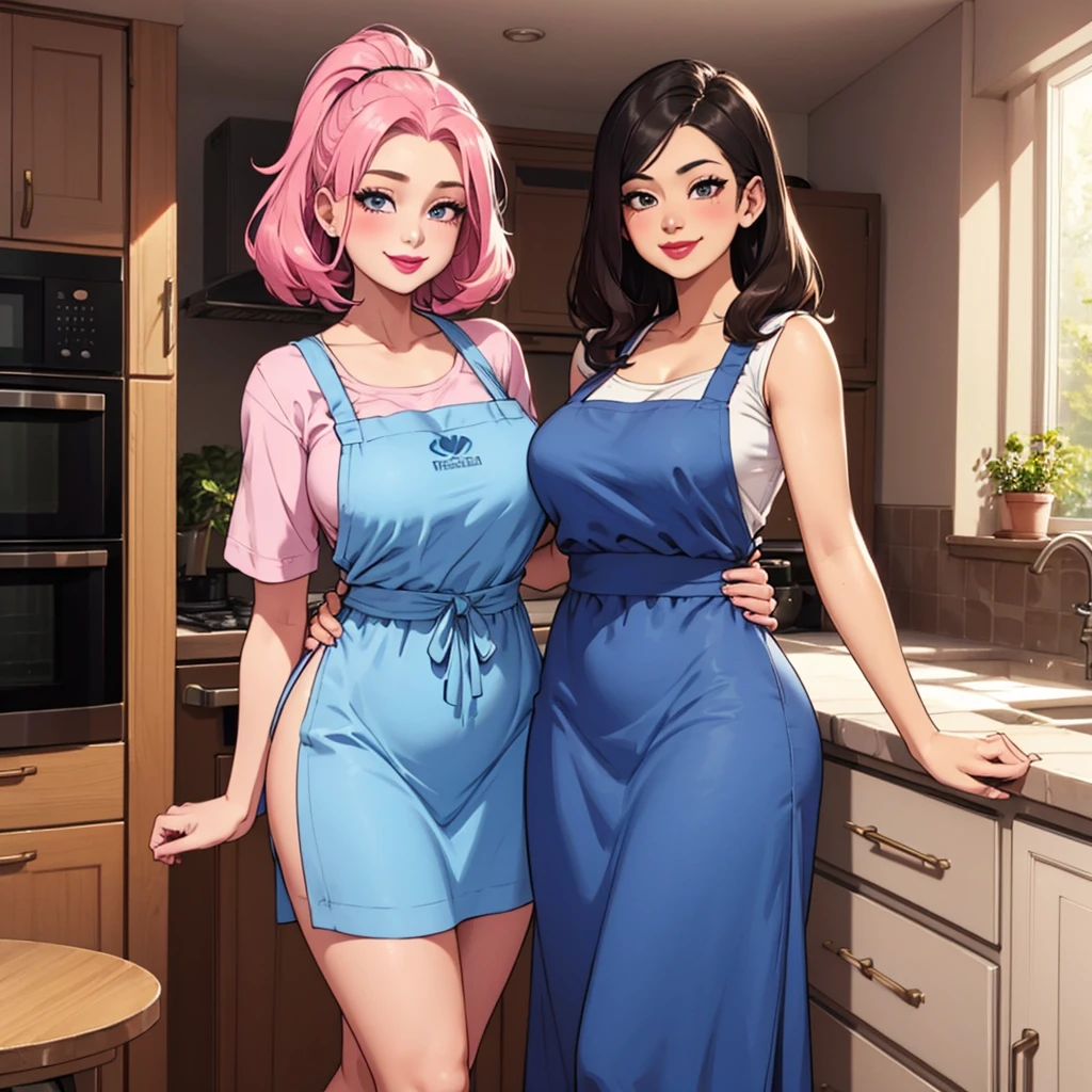 ((2 girls), solo, clevage, Big round perky breasts, lots of clevage, trendy, stylish, clevage, thighs, hips, realistic, pink hair, blonde hair, light green eyes, lip gloss, detailed face, amazing big eyes, eye details, big lips, eyebrow details, blush, naughty, mischevious face, HD, good quality, messy kitchen, sexy, baking chip cookies, chocolate mix on breasts, pink apron, hot, messy flour