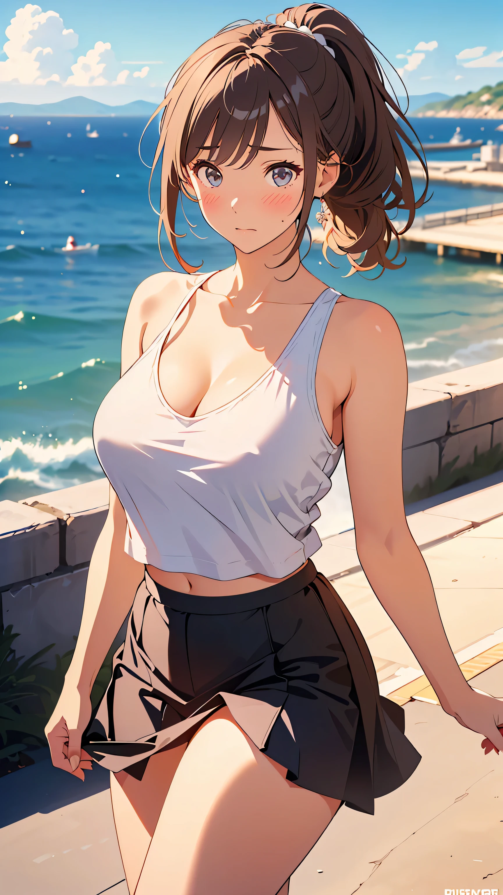 masterpiece, Highest Quality, This is an illustration of a seaside park, ((outlined with very thin lines :1.3)), very accurate, fine sections , high definition, 8k Wallpaper, SLR camera , perfect dynamic configuration, detailed expressions , beautiful eyes on my stomach、Down to the smallest detail, cheek gloss highlights, model body type, biologically accurate limbs , showing the details of a beautiful face, (radiant white skin, natural feel , Natural Skin Radiance), natural light, (beautiful and shiny hair, smooth hair, brown hair, Thinning hair), (28-year-old woman, cute, Japanese adult woman), (Big Natural :1.6), (Big, crisp breasts , Round Breasts), thin waist,(Random Color, Cute Style, Tank Top), (Random Color, oversized, is cool, Stylish shirt), (Random Color, race, random skirt),Skirt Blown in the Wind,(thin leather belt), (long hair, shiny hair, up ponytail, curl, Disheveled Hair), Panty shots in the wind, (sexy, Cute, Panties, lace), sexy pose, Boob Tent:1.2, (( sad, blush, awkward expression:1.3)), Face Focus, On a date, fun and exciting , Dynamic Composition, Seaside Park,Use both arms to accentuate cleavage, Strolling through a seaside park, You can see a sailboat in the distance, Picture of a flower bed with very small flowers blooming, cowboy shot,from front,