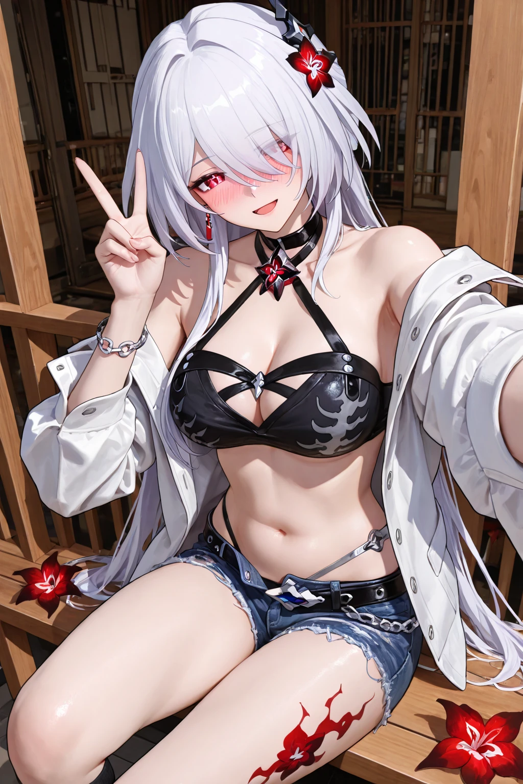 albino, girl, Backstreets, dark, Bright with neon lights, Large Breasts, Pink Eyes, Glowing Eyes, Black clothes, Red decoration, Sitting cross-legged, close, Looking into the camera, nice, short, dark shadow, Gray Hair, Durable clothing, Have, uniform, arms, Older Woman, bare navel, Less exposed skin, Exposing shoulders, Thick hoodie, smile, Wink, sword, gloves, Long trousers, Six Pack, muscle, Sitting on the stairs, dark, police, Earrings, Right, Night view, profile, Upper body only, Strange Eyes, hair falls into eyes 、The spine is in the right position.、There's a white wolf next to me、持っているのは黒と白の短sword
