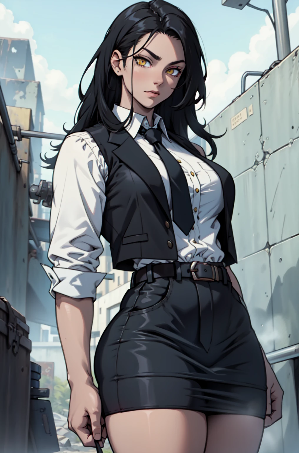 Long black hair, dark brown skin, brown eyes, suit, suit jacket over shoulder, white button up unbuttoned and loose, tough expression, cold expression, scars, female, woman, sitting, open legs, black suit, black suit jacket, open white buttoned shirt, black pants