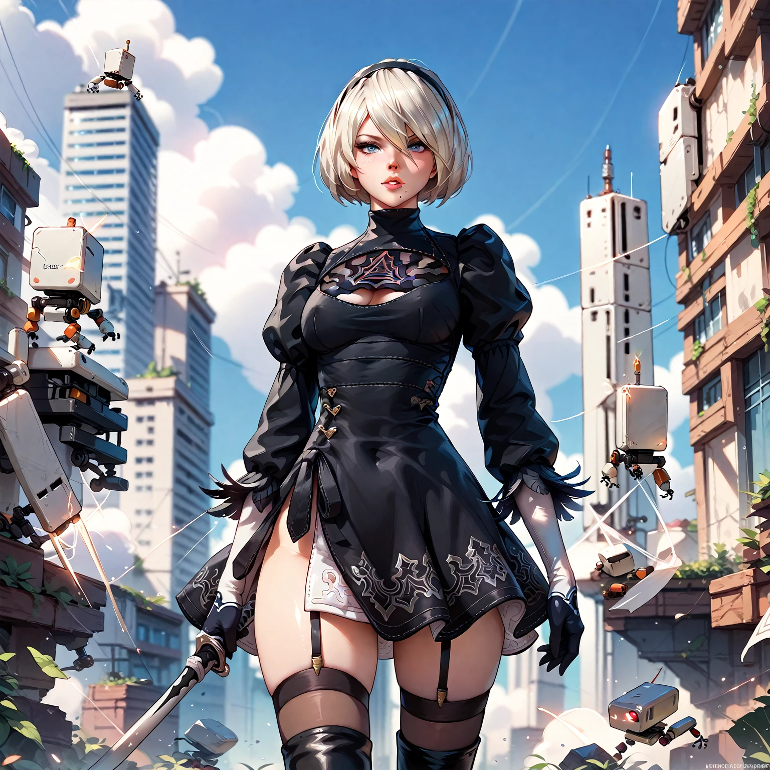 (best quality,4k,8k,highres,masterpiece:1.2),ultra-detailed,(realistic,photorealistic,photo-realistic:1.37),robot holding a gun on a platform,(NieR: Automata spaceship style),(armored core V:1.1) core on the ground, detailed armored core V, (NieR: Automata 2B official artwork),detailed eyes,detailed lips,mechanical theme, soldier fighting a mech,2B from NieR: Automata, abandoned mechs in the background,(Metal Gear Rising: Revengeance) rise of the metal gear