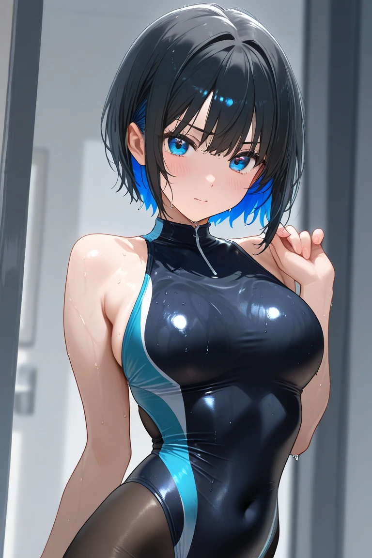 Masterpiece, top quality, best quality, official art, beautiful and aesthetic, anime, 1girl,extremely detailed, colorful, more detailed ((ultra-detailed)), (highly detailed CG illustration),Best Quality, High resolution, Unity 8k Wallpaper, (Illustration:0.8), (Beautiful detailed eyes:1.6), extra detailed face, Perfect Lighting, extremely details CG, (Perfect hands, Perfect Anatomy), swimming pool, black short hair, blue eyes,earrings,skinny fit,small breasts,wet, tight blue swimsuit, from behind,bend over,in middle, soft light.