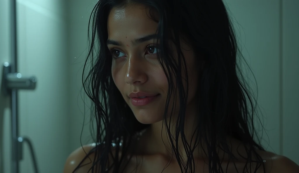 Sanjana sanghi, full body, in a towel, confused face, dimly lit room