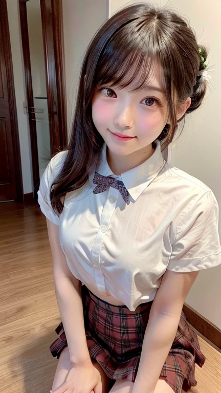 ((highest quality)), ((masterpiece)), (get used to it), perfect face、highest quality、best image quality、sharp shadows、Curvaceous、 12 year old girl、fine-textured skin、twin tails、sister face、cute 、baby face、Childish、Big eyes、cuteピンク色の下着、Red checked pleated skirt、white blouse、The inside of the skirt is visible、(very big breasts:1.5)、her breasts are the size of watermelons,、saggy breasts、You can see the skin up to the pubic bone、girl's room、Pink carpet、bookshelf、bed、powerful body、smile、happiness、no body hair、shaved pussy、Hairless、legs open、my pussy has no hair、pussy as smooth as a baby、M-shaped legs
