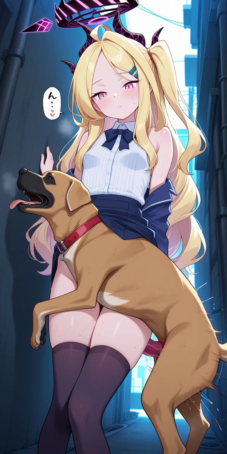 check_9, check_8_up, check_7_up, source_anime, BREAK, 1 girl, annie leonhart \(Attack on Titan\), Attack on Titan, dog, sex, vaginal sex, binding, animal on person, dog sex, dog on gir, binding sex, dog, On knees, Montage, Montage sex, On open air, public park, side view, 2 dogs, Spit roast, fellatio