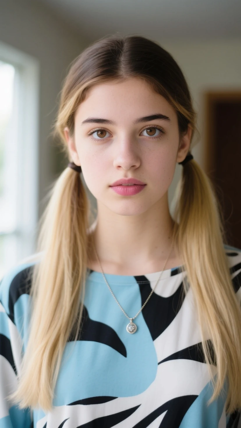 portrait of S232_MarieTomas,a gorgeous woman,in an (elevator),wearing a (crewneck:1.1),(pigtails),(soft-light:1.1),(8k, RAW photo, best quality, depth of field, ultra high res:1.1),(absurdres, intricate, photorealistic, masterpiece, ultra-detailed:1.2),