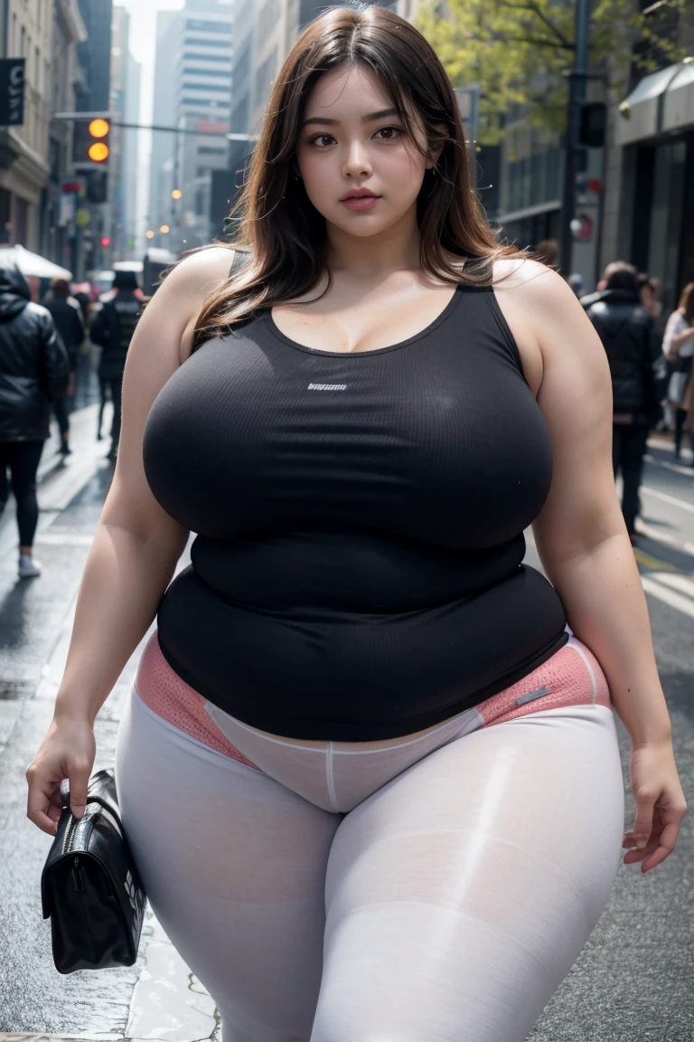 Fat and woman woman, wearing a crop top and leggings