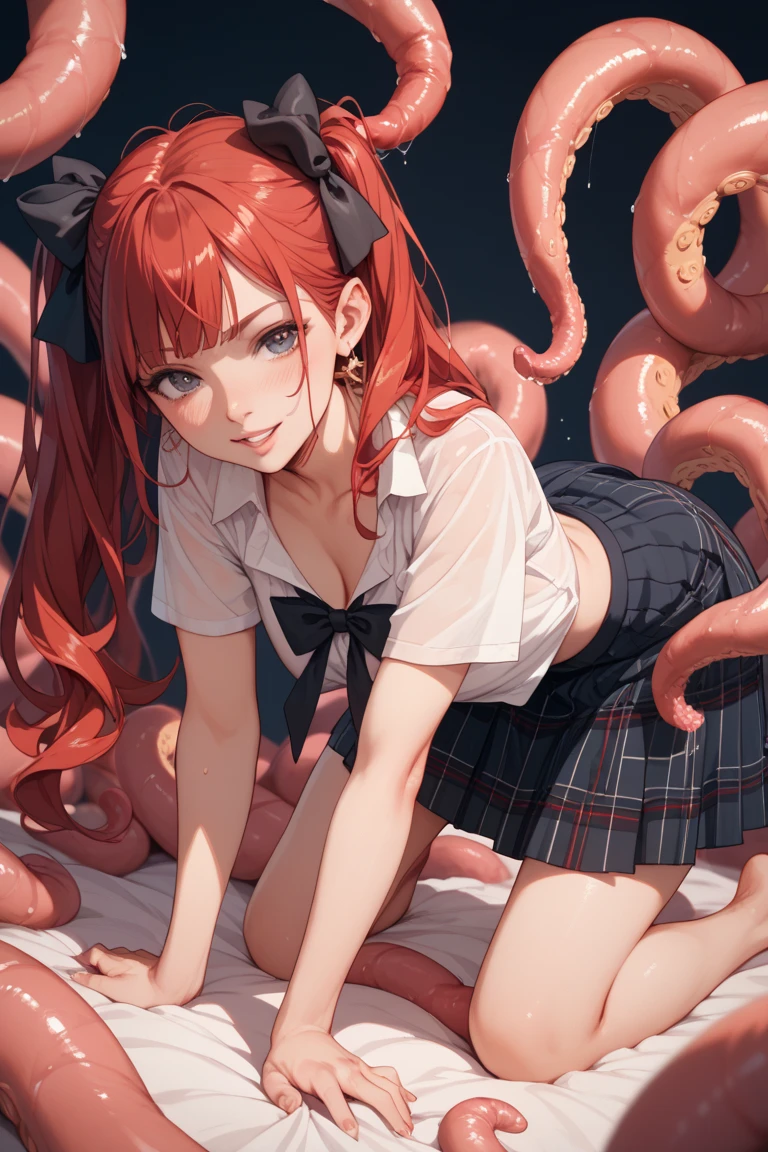 ((best quality)), ((masterpiece)), (detailed), 1girl, off-shoulder sweater, in the dungeon,Small space,Covered with tentacles, Tentacles around the body, many tentacles, captured by tentacles, Fine details,Tentacled,Tied with tentacles, drooling,Crying,Detailed body,Full limbs,NSFW, small breasts, prominent collarbones, skinny arms, flat stomach, visible hip bones, long hair, red hair, white hair, blonde hair, dark hair, ponytail, thick ponytail, heavy ponytail