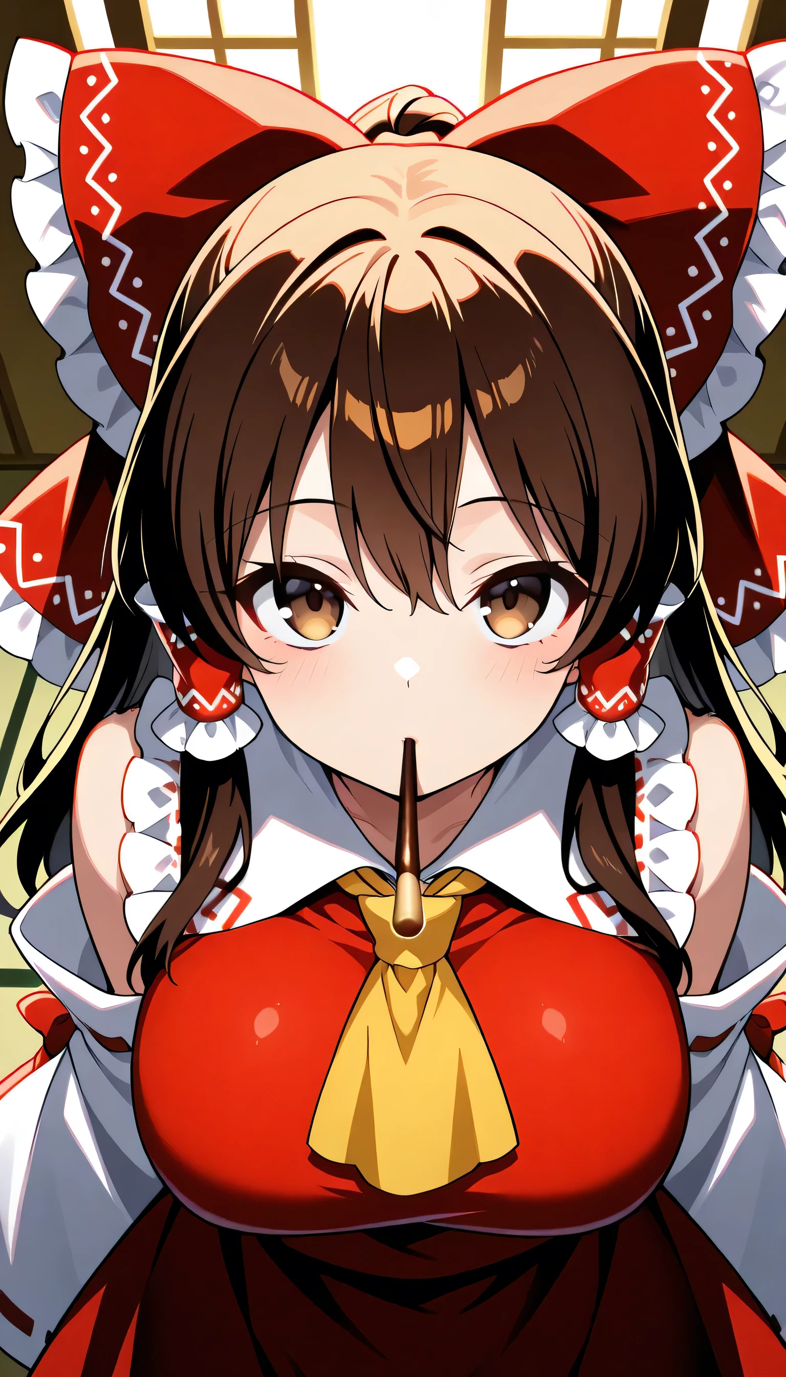 Give your images flat even illumination (negative) or dramatic chiaroscuro lighting (positive),huge breast, high image quality,high quality DVD、 、 (One person)、, With both eyes closed, , tie, Outfit Cutout, cutout, tie、See viewer、(cover:1.4)、(look up:1.2)、(Only the upper body is visible),interior、(The expression waiting for a kiss)、(Overreaching)、( view from above:1.2)、hands are invisible、Focus on the mouth、(I'm holding Pocky )、heart symbol,hakurei reimu, 1girl, solo, brown eyes, brown hair, long hair, sidelocks, hair bow, hair tubes, frilled bow, yellow ascot, red shirt, ribbon-trimmed detached wide sleeves, red skirt,