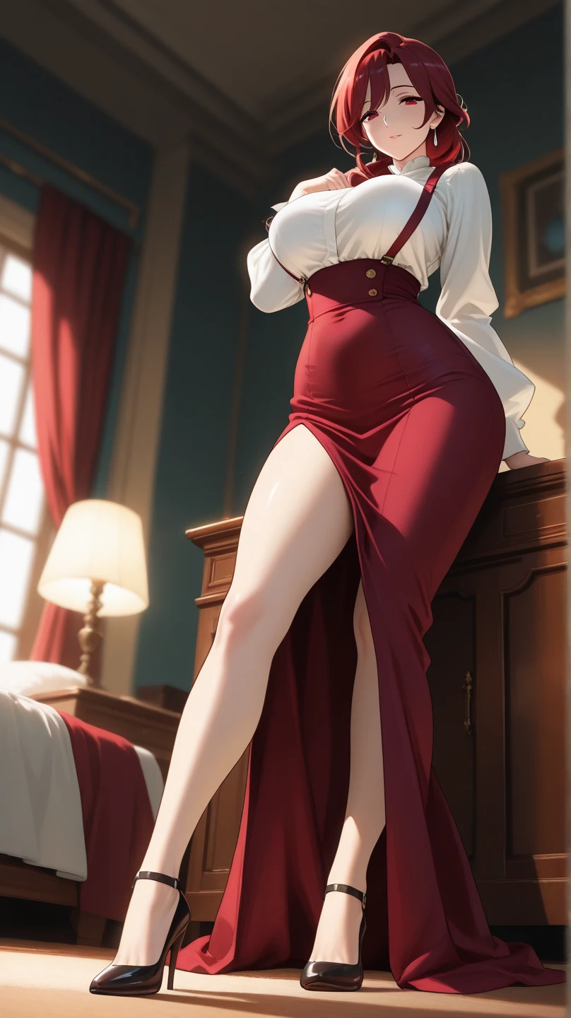 ((masterpiece, best quality)), High resolution, distinct image, (1girl), (solo), (female Focus), posing, acting innocent, Innocent eyes, soft smile, (g0thdr3ss, dress, dip hem dress, gothic, pink dress, highheels, ankle boots, lace train, dip hem, bare shoulders, long dress,), (long black hair), (red eyes), (eyelashes), (large breasts 1.4), gothic bedroom, oficial art NSFW