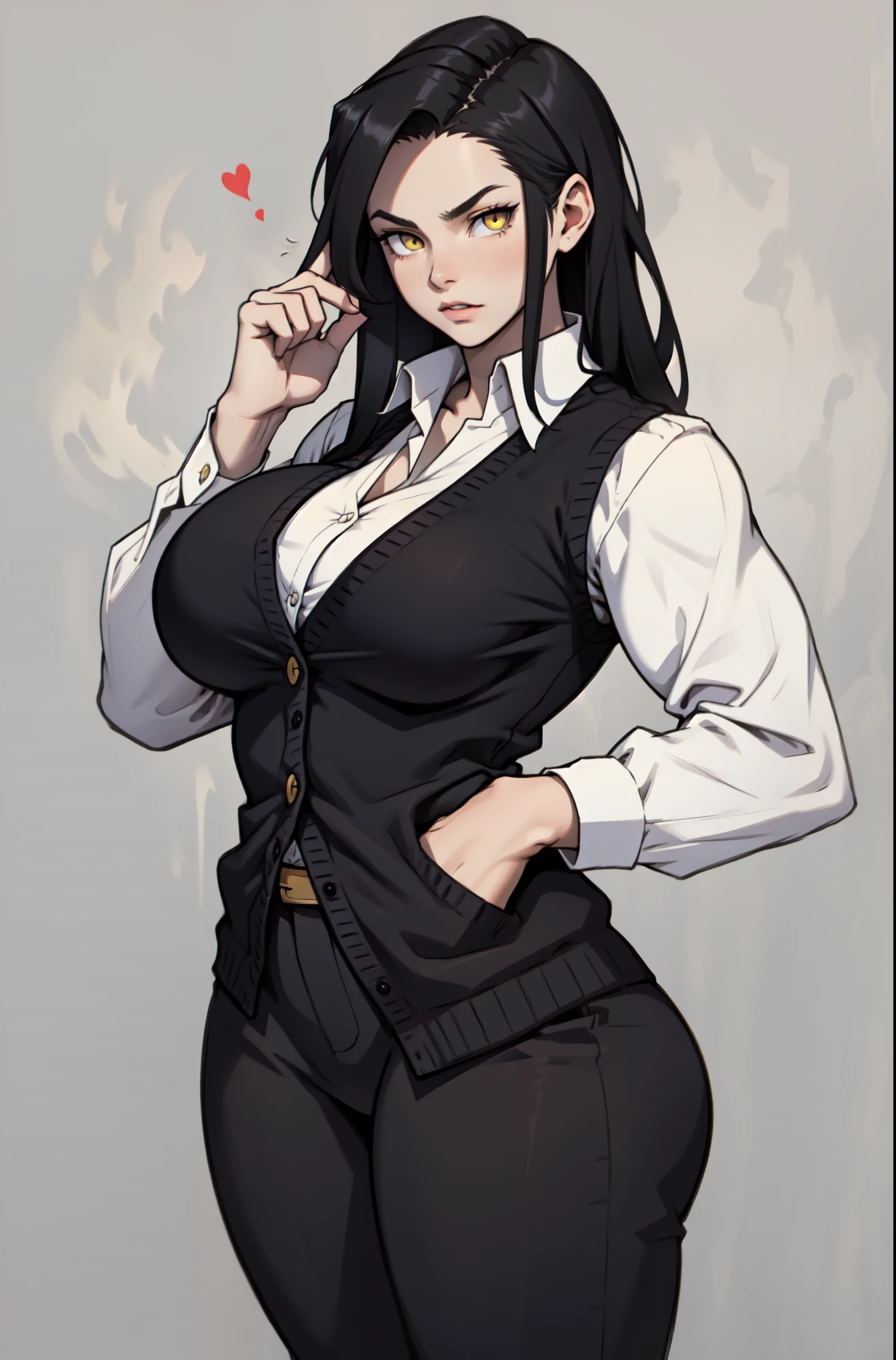 solo, 1 girl, very long hair, black hair, angry, yellow eyes pale skin bodybuilder huge tits ((tuxedo))