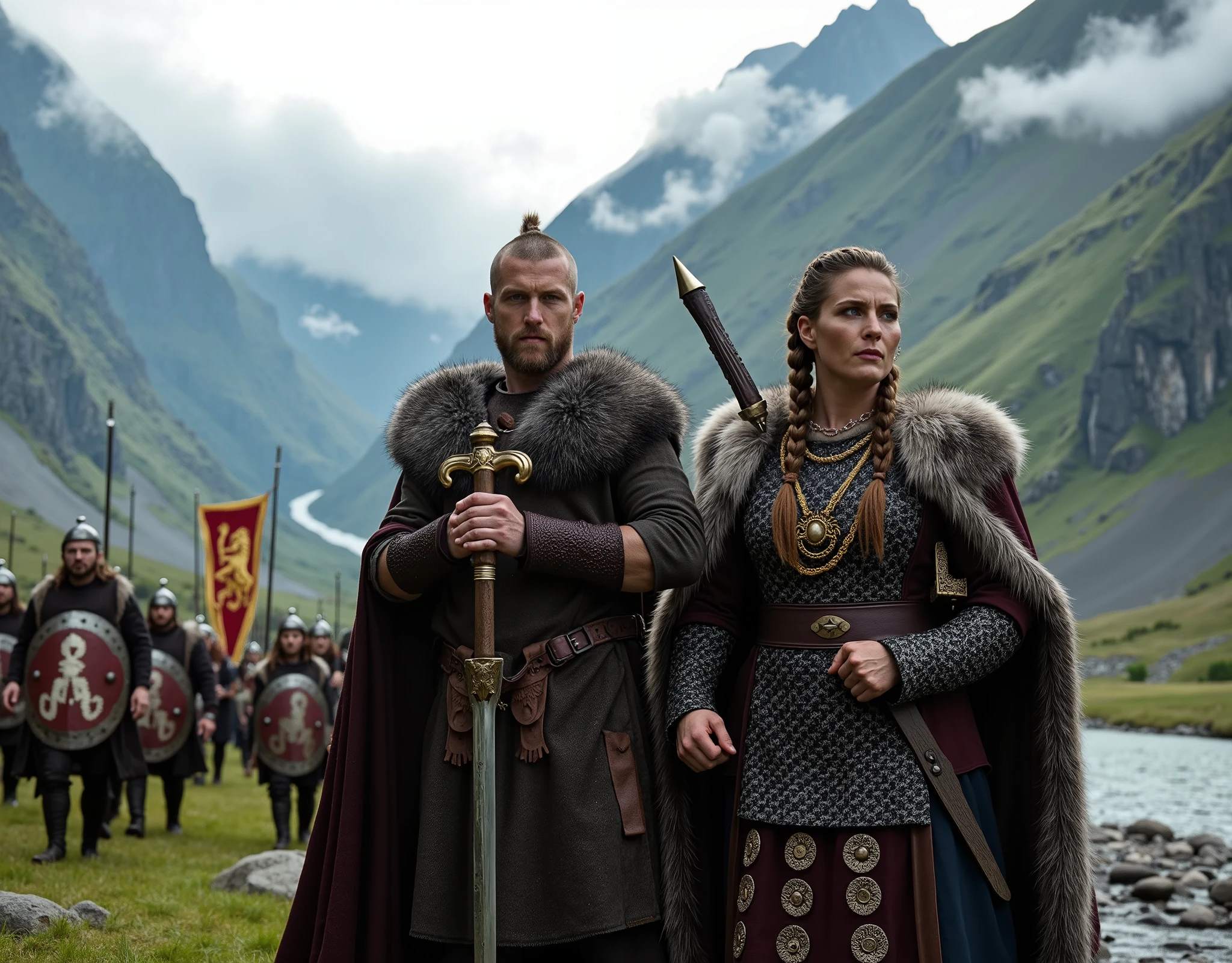 Steep and dramatic mountains are towering in the background and slightly obfuscated by low clouds as dawn breaks and some sunrays pierce the clouds. A stream snakes its way down the fjord valley, revealing an ornate longhouse on the far riverbed. In the foreground stands King Ragnar Lothbrok and Queen Lagertha in regal Viking attires, with defiant expressions upon their faces, draped with wolf fur tippets and Viking-style royal jewellery. Ragnar rests his ornate sword on his shoulder, while Lagertha has her weapon sheathed in carved leather. They both have long braided hair, the sides of their heads are shaved. A band of orderly Viking soldiers march from the distant Longhouse alongside the river, carrying a regal red banner with a gold lion embroidered on it, each soldier equipped with painted ceremonial Viking shields and long spears. Shot on a Sony A7R IV with 50mm lens, professional DSLR, 8k resolution, HDR, noise reduction, soft cinematic lighting.