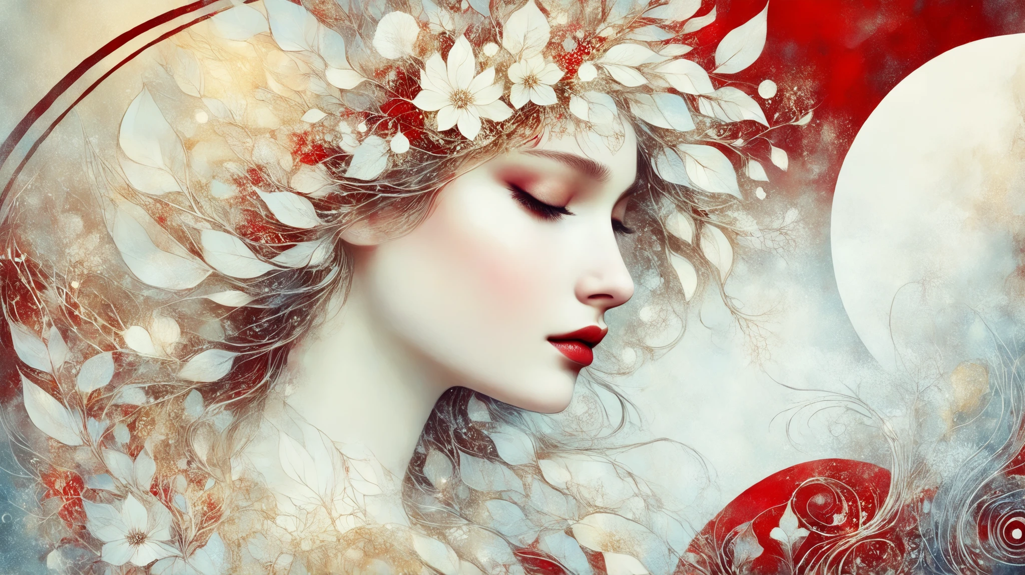 novuschroma style Fluffy magic full body girl fantasy illustration in Novuschroma style in a enchanted meadown with crescent moon in August Mucha style as background. color palette white patterns, red and gold