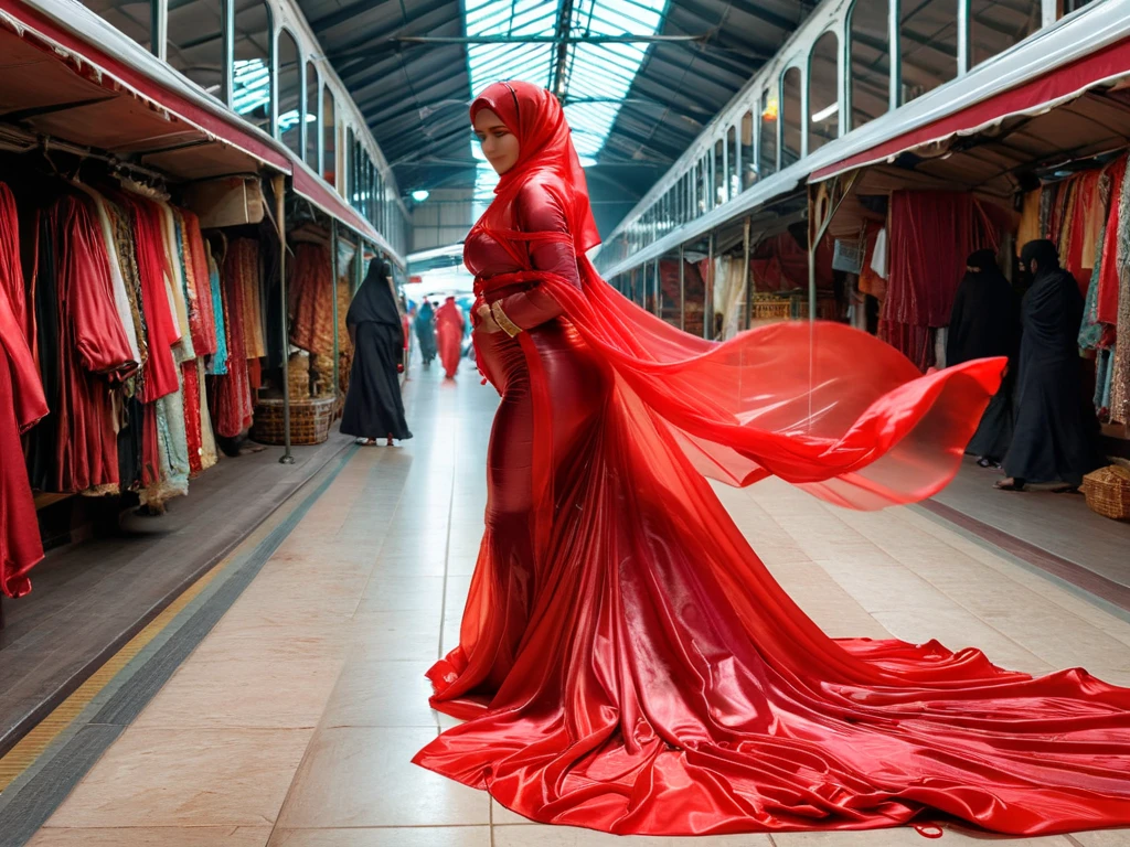 An malay woman in glamorous mermaid evening dress, long ballon sleeve bolero, long satin scarf wrapped around her arms, wear jewellery, wear modern satin hijab, entirety of fabric over botom dress about 7 meters in length trailing dramatically, glamours style, overlong dress train, extreme detail on the texture of the fabric, wear high heels, sexy random pose in crowded place, dramatic lighting, ultra realistic, high-resolution photography.