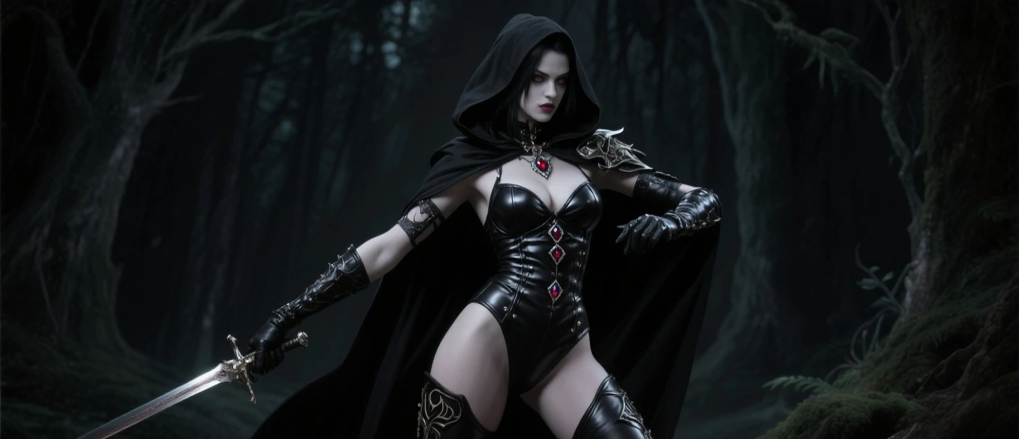 medieval RPG character rogue hood casting a spell , black and gold chainmail corset, metal pauldrons, pistol on belt, black leather strappy pants, (straps buckles:1.2) armor, black lips, green eyes, elegant pendant, standing inside stone dungeon, dynamic pose, (masterpiece:1.4) (best quality:1.4) (8k) (HDR) (wallpaper) (cinematic lighting) (sharp focus) (intricate)
