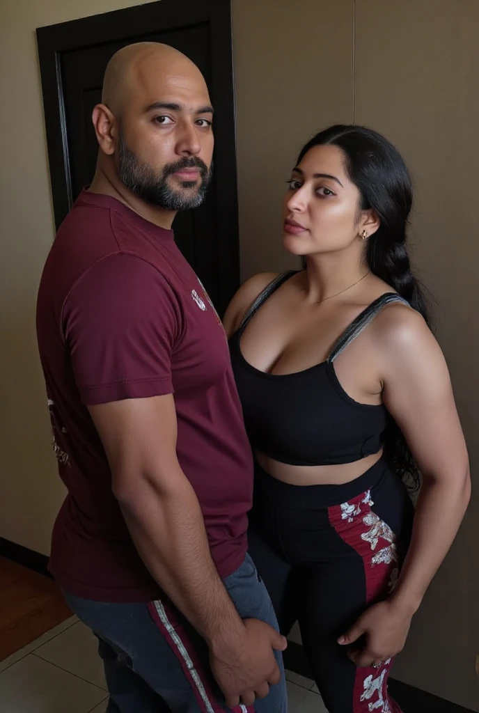 Beautiful and Slim, Sexy Indian woman in black blouse golden saree lifting a large chubby man above her shoulders, man is sitting on woman's shoulders, in a bedroom with high ceiling, natural smile, woman is looking into the camera , full body image