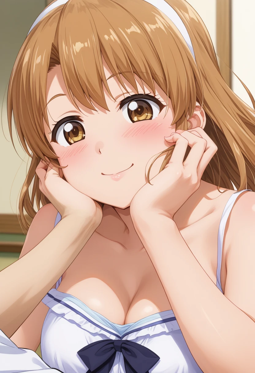 20-year-old woman、Japanese、Anime illustration、masterpiece, Large Breasts, Shy laugh、Handjob、Grab your penis