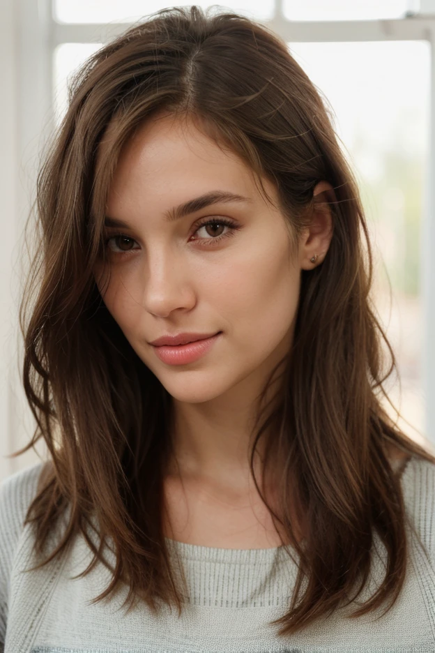 Le visage de la belle fille jeune et aux longs cheveux bruns et très réaliste