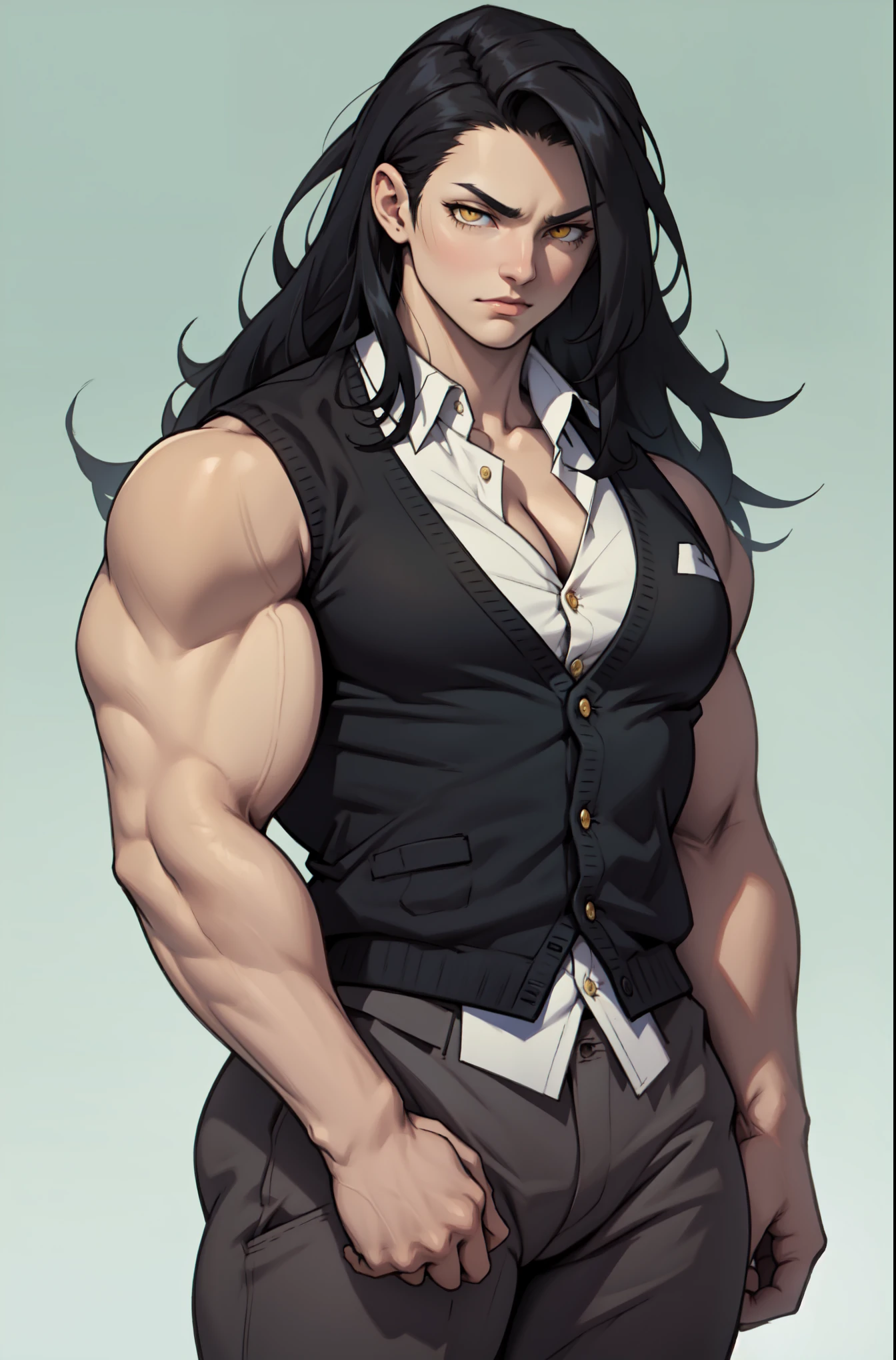 best quality pale skin girl black hair yellow eyes extremely long hair frown ((((muscular)))) thick thick thick breasts tight shirt tight pants