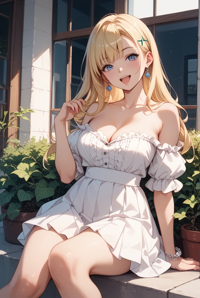Anime Kawaii sexy Perfect Slim sensual body large breast and huge thighs, An intricate and highly detailed illustration of anime (Young girl)  An extremely beautiful stunning woman with a perfect busty body, gold blonde long silky hair, big blue eyes, extremely super bright snow white fair stunning flawless glowing lush shiny flawless white skin, a perfect tight hourglass figure, and a skinny waist, sexy thick smooth luscious legs, and thighs, extremely cute smile on the face, bright pink blushes on cheeks, wearing a tight knee-length white floral dress, pink off-shoulder sweater, yellow heels, gold necklace on the neck, gold anklets on feet, gold chain on the waist, standing straight, holding a chocolate bar, garden in the background, show full body from head to feet.
