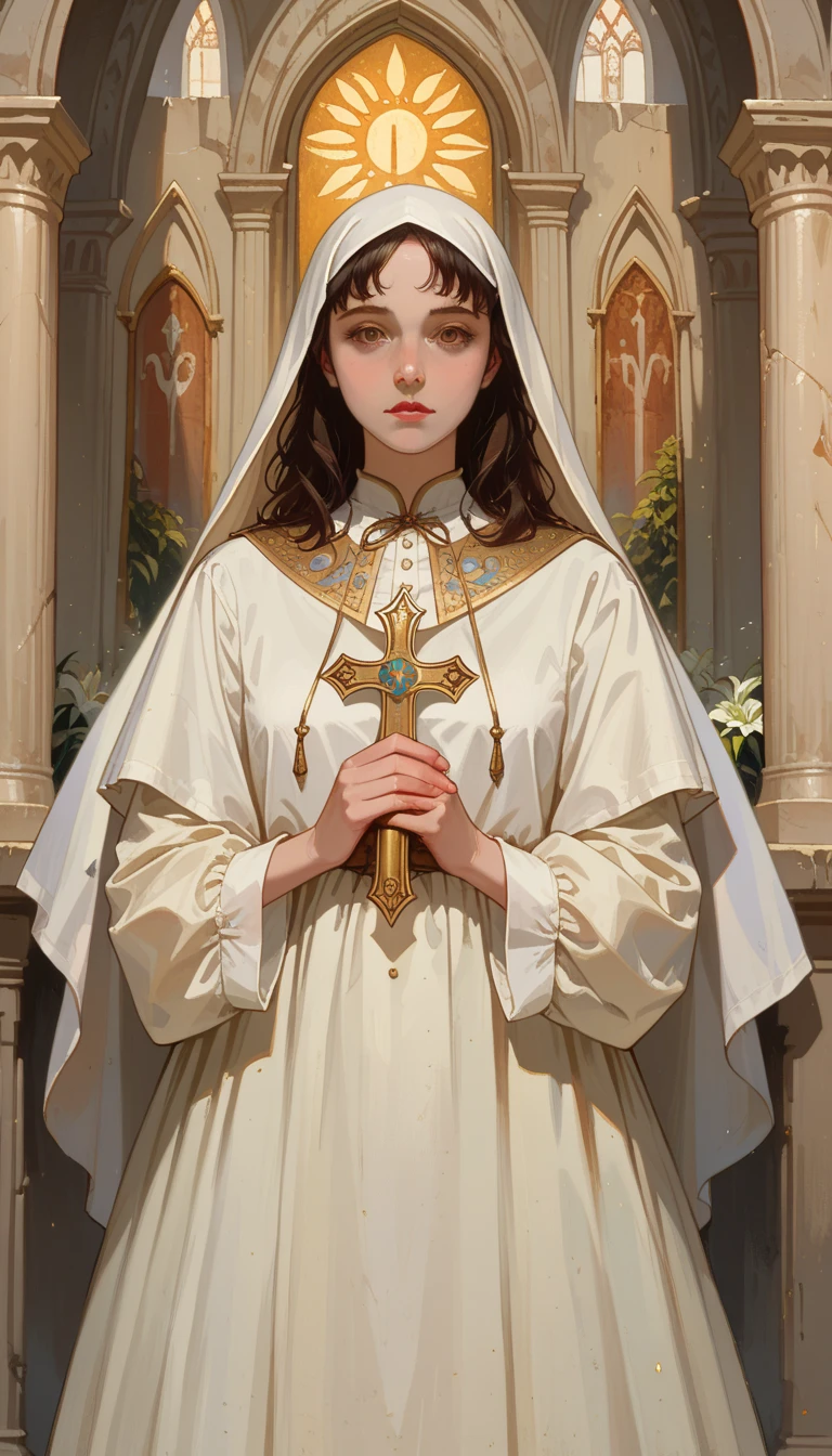 (Fraction_9,Fraction_8_Direction_7_up),1 a woman,(((bust))),game character,Priest,nun,hair,Bible in hand,White clothes,Gold decoration,Long legs,Short skirt,
