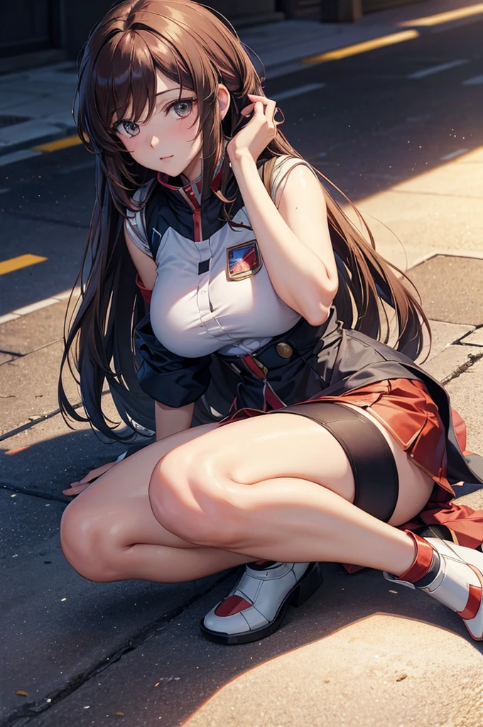 Super detailed,masterpiece,best quality,harf,View,blush blush,Yazawa Nico,red eyes, Blunt hair, 1 female、White clothes、The belly is visible,White bun hairstyle, black hair color hair、chubby、Smile、pale pink lips、Soaked all over,oestrus,Blushed,visible、Red yoga pants,Sit with your knees folded,wet hair,messy hair,on the ground,Squat on your knees,屈膝sit down,front view,Place your fingers on your lips,Legs slightly open,Legs not together,sit down,Hands together,front shot,坐on the ground,Sit with your legs folded and bent your knees,front view