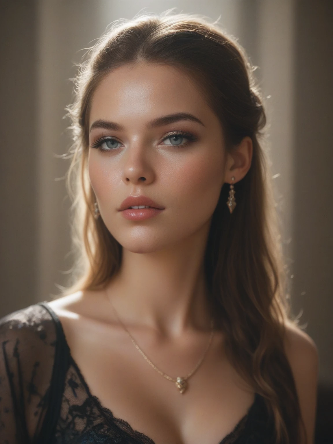 a girl with dark brown hair, [beautiful detailed eyes], [beautiful detailed lips], [long eyelashes], medium:oil painting, [soft and flowing hair], [delicate jewelry], [soft and natural makeup], [graceful posture], [dramatic lighting], [vivid colors], [photorealistic], [ultra-detailed], [bokeh], [studio lighting]. high quality, real, skin pores