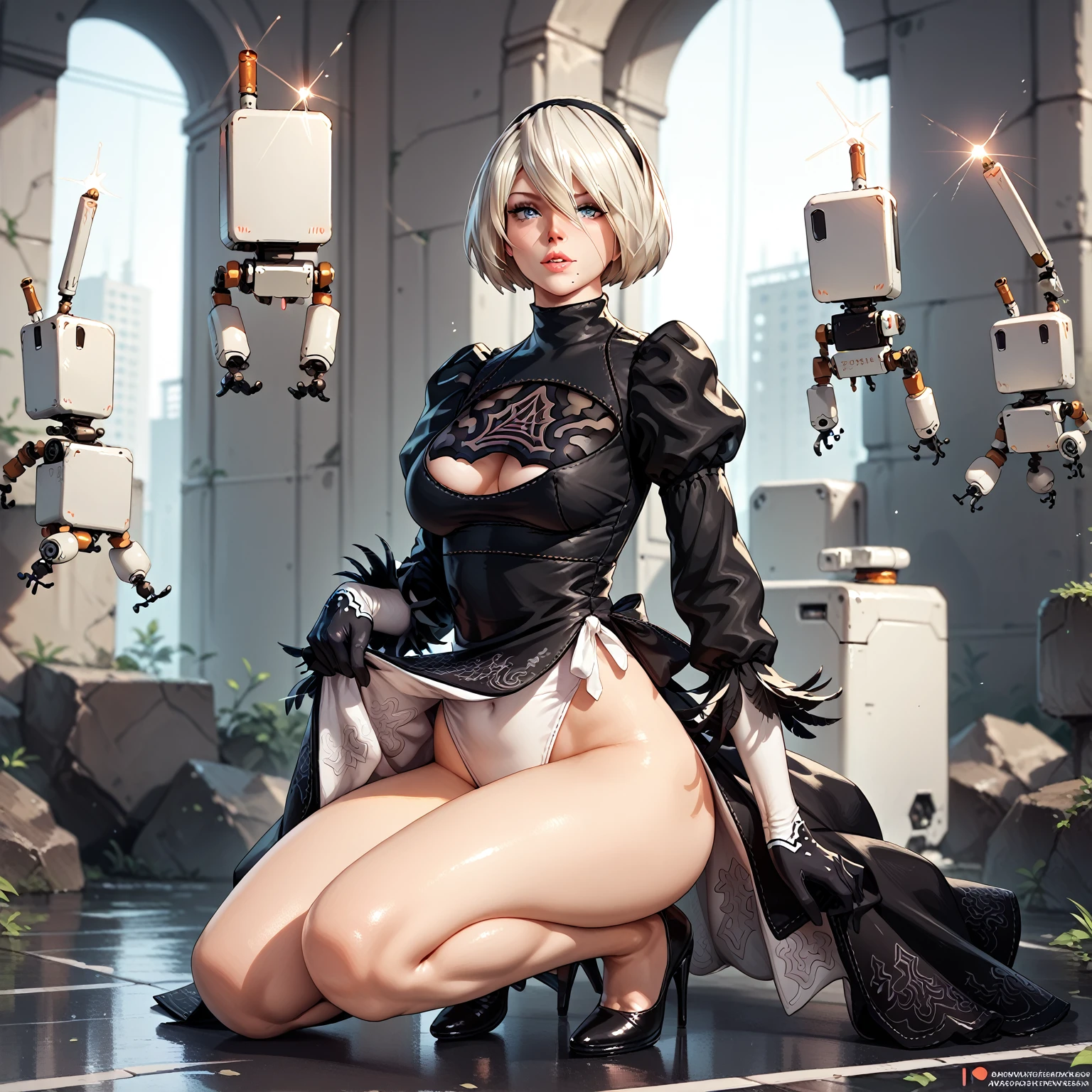 1girl,18yo,good anatomy, masterpiece, best quality,realistic, hyperrealistic, 16k hdr,,(NieR:Automata,2B),black blindfold,black hair band,choker,White High Leg,thigh high boots,Blake Black Skirt,black thigh high socks,Knee-high boots,Cleavage cut,cutting of clothes,high heels,long sleeve,bob cut,silver hair, large breasts,cameltoe,gorgeous panty,dynamic pose,spread legs,outdoor,strong wind,,thong,leaning forward,from below,erected nipples,sexy pose,(Magazine cover:1.2)