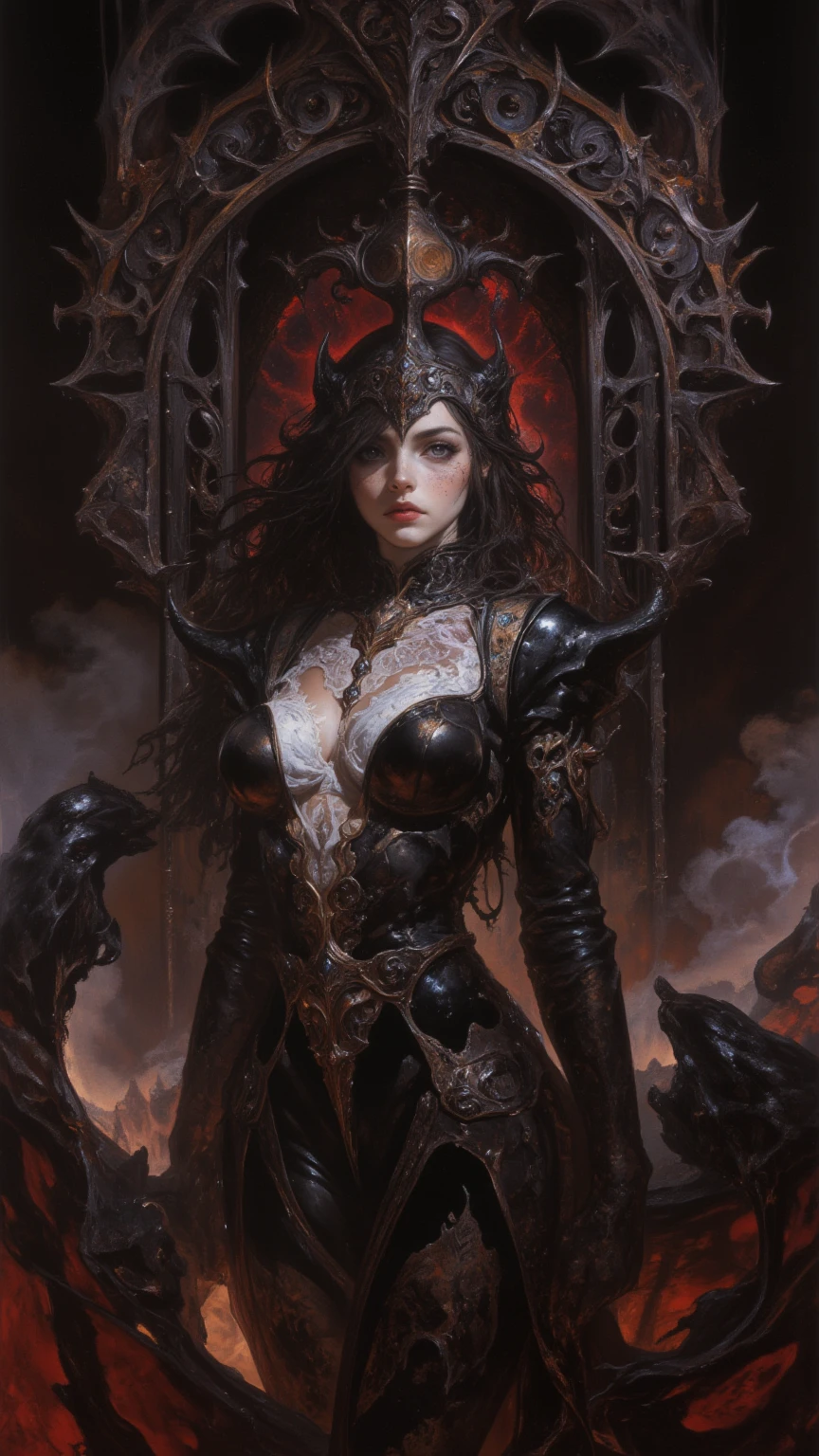 The Demon Lord woman is a majestic figure, exuding power and authority. His presence is imposing, wrapped in armored armor that glitters with a grim glow. The armor is made of a sturdy black metal, decorated with intricate details reminiscent of flames and thorns, giving it an intimidating appearance. She occasionally glows with a mystical aura, revealing the Lord's demonic nature.
Sitting on an imposing throne, carved from volcanic rocks, the Demon Lord assumes a regaled posture. The throne is adorned with skulls and bones, evidencing its connection to the underworld. The back of the throne resembles outstretched black wings, highlighting his position as ruler of the shadows.
Around the Demon Lord, the environment is dark and oppressive. The setting is a throne chamber carved into the bowels of an erupting lava mountain, with blazing flames illuminating the rough walls and rocky ceiling above. The air is charged with a dense and heavy atmosphere, as if a sinister presence permeates the whole place.
A servant, dressed in a dark and elegant dress, approaches the Demon Lord with a glass of wine on a silver platter. Her face shows a mixture of fear and awe as she offers the cup. The servant is careful in her movement, aware of the Demon Lord's unpredictable nature. His footsteps are silent, as if to avoid disturbing the aura around the powerful figure who rules the realm of darkness.
As the servant holds out the cup, the Demon Lord reaches out a gloved and delicate hand to pick it up. Her piercing eyes, glistening with a deep red, meet those of the servant for a brief moment. The servant retreats, overwhelmed by the presence of the Demon Lord, and walks away silently, remaining vigilant as she continues to perform her duties.
The scene depicts a dynamic of power and submission, where the Demon Lord establishes herself as a supreme force, while her servant bows to her commands.