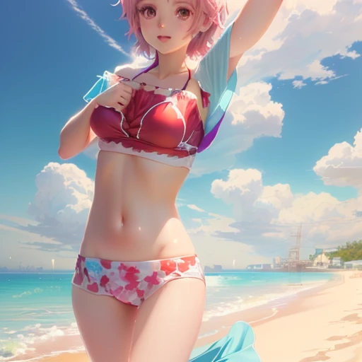 Momodebilke, Deviluke Type, demon tail, Hair Flower, hair ornaments, (Purple eyes:1.1), Pink Hair, short hair, tail, smile,
break demon tail, Pink leisure bikini,Pareo Swimsuit,barefoot,Belly button,A thin long skirt is wrapped around her waist,Strolling on the sandy beach,True Summer,Daytime,Clear skies,whole bodyがイラストに入るように,
break outdoors,Beach,
break looking at viewer, whole body,
break (masterpiece:1.2), Highest quality, High resolution, unity 8k wallpaper, (figure:0.8), (beautiful detailed eyes:1.6), extremely detailed face, Perfect lighting, extremely detailed CG, (Perfect hands, Perfect Anatomy),