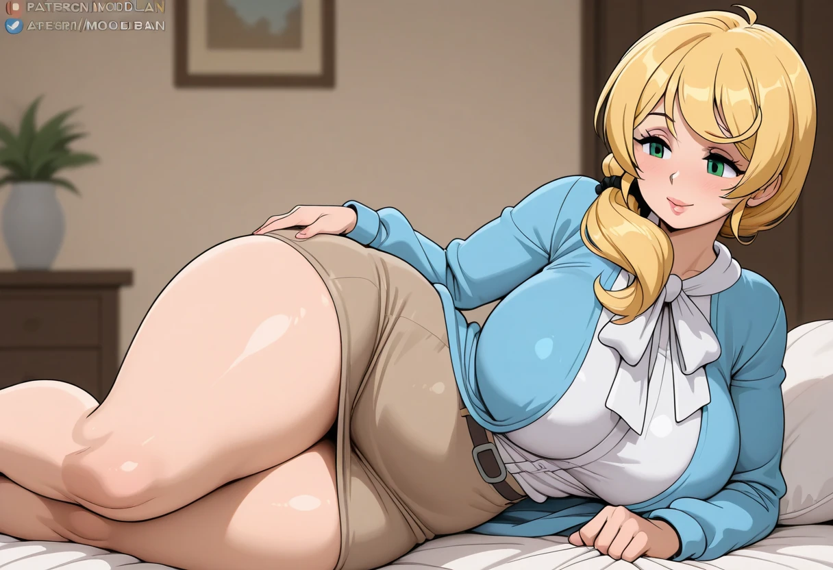(Highly detailed CG,Highest quality,8k, masterpiece: 1.3),Super Detail, Ultra-high resolution, simple white background, Ellen Baker,girl(teacher),22 years old,Green Eye,Delicate eyes, hair(blonde,length,Loose Side Tail),(White transparent blouse),(Light blue cardigan), (micro mini skirt),Cute pink panties, (thin:1.4), (huge breasts), (narrow waist:1.2), ((voluptuous thighs, thick thighs)), ((spread legs)),