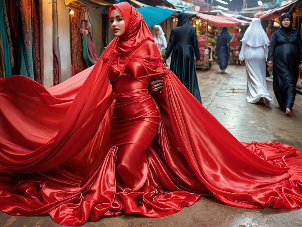 A woman shrouded in a 8-meter-long, plush red satin cloth, tightly bound and grandly draping along the form of her body, flowing off into a pooled floor-length train, styled in a mermaid-inspired outfit, her head modestly veiled in a satin hijab, 175 height woman, walk in wet traditional market, a full-body pose conveying a sense of elegance, captured in a 4k resolution, ultra-realistic