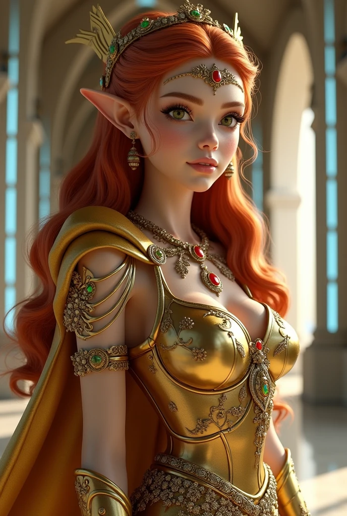 Masterpiece, digital artwork of a gorgeous, beautiful brunette elf woman, adorned in a pink satin dress with intricately woven waist chains, curvaceous figure, nestled within the marbled walls of a grand, palatial courtyard. Ilya Kuvshinov's distinct style is vividly evident in this highly detailed, exquisite piece.The elf woman's delicate features, shimmering waves of golden hair cascading down her back, and sparkling emerald eyes are captured with the utmost finesse. The smooth marbles of the courtyard's walls provide an elegant and refined setting, accentuating the intricacies of the artwork's