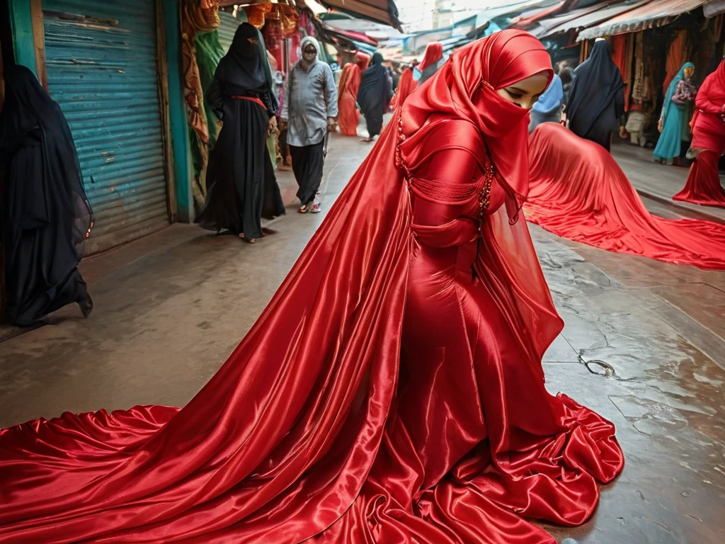 A woman shrouded in a 4-meter-long, plush red satin cloth, tightly bound and grandly draping along the form of her body, flowing off into a pooled floor-length train, styled in a mermaid-inspired outfit, her head modestly veiled in a satin hijab, tall woman, walking in market, a full-body pose posing in front of people, captured in a 4k resolution, ultra-realistic