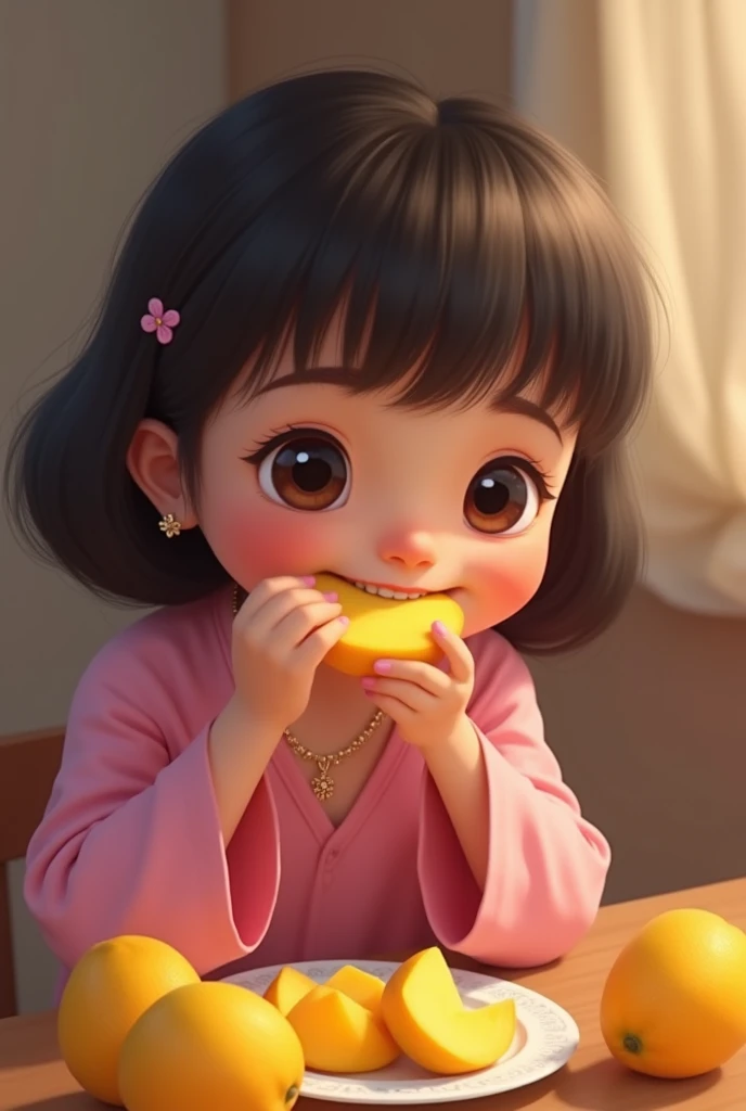 A delightful and endearing chibi-style illustration of a female character with a puckered face, sour expression, her eyes closed tightly as she bravely attempts to eat a lemon slice. She wears a charming dress adorned with a bow and her dark hair tied up in a playful ponytail. The background is a cheerful and lighthearted scene, accentuating the amusing and interactive nature of the moment., illustration