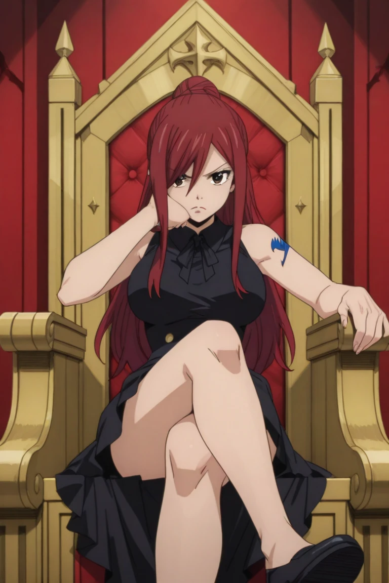 erza, 1girl, solo, long_hair, breasts, looking_at_viewer, expressionless, large_breasts, brown_eyes, cleavage, collarbone, dress, red_hair, hair_over_one_eye, black_dress, throne, crossed_legs, sitting, from_below