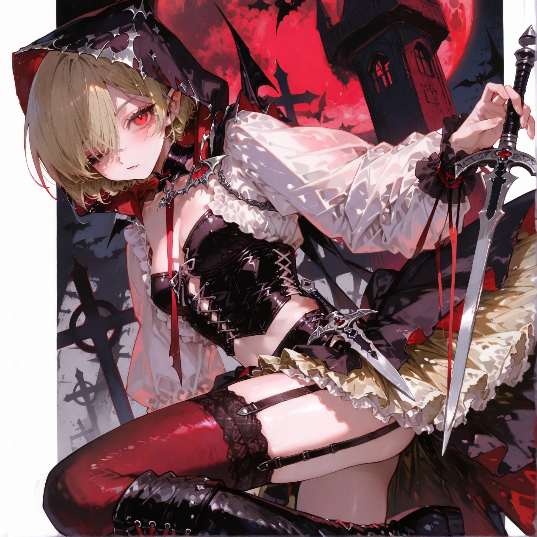 ((best quality)), ((masterpiece)), (detailed), 1girl, Character design, female, dynamic poses, long white grey hair, grey white eyes, very skinny, detailed, best quality, no accesoires around the neck, no shoes, prominent collarbones, skinny arms, flat stomach, visible hip bones, full body, blank white background, plain background, white background, red and white clothing, Bloodborne inspired, occult aesthetic, occult, detailed and intricate steampunk and detailed gothic, NSFW, Very dramatic and cinematic lighting, cosmic horror, grim-dark, side-lighting, perfect face, NSFW, Fluttering lace flared long knee length dress with frilly petticoats, knee length dress, pleated petticoats, petticoats gothic, complex lace boots, side-lighting, gothic aesthetic, wielding a mighty sword with mechanical components, mandalas, small breasts, a fairy, various different types of insect wings, NSFW, full body, whole body, body, plain background, white background, blank background, no background, white background NSFW, chains, full body, whole body, head-to-toe NSFW